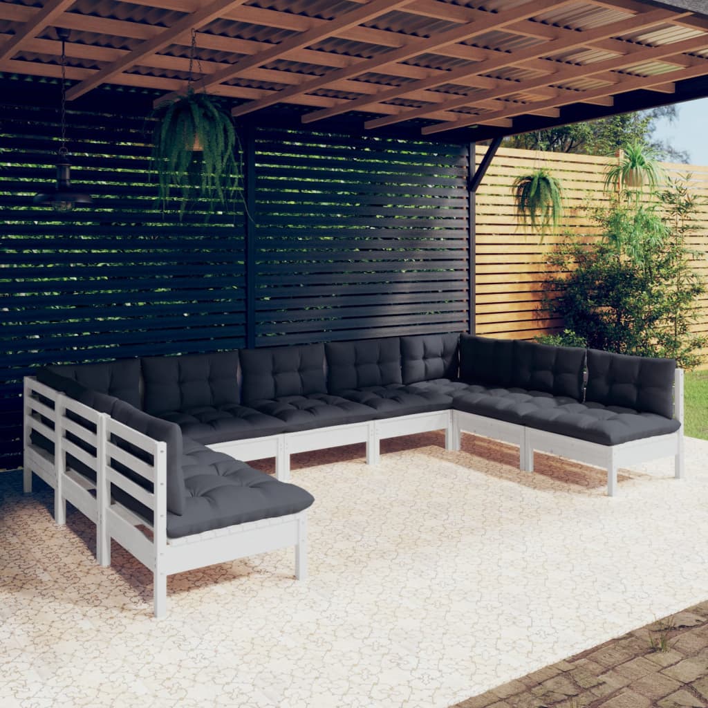 9-tlg. Garten-Lounge-Set mit Kissen Weiss Kiefer Massivholz